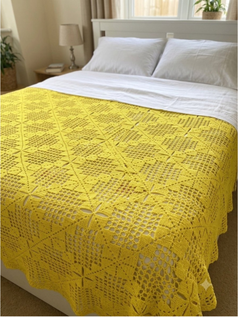 Vintage Handmade Yellow Crochet Afghan Blanket Bedspread